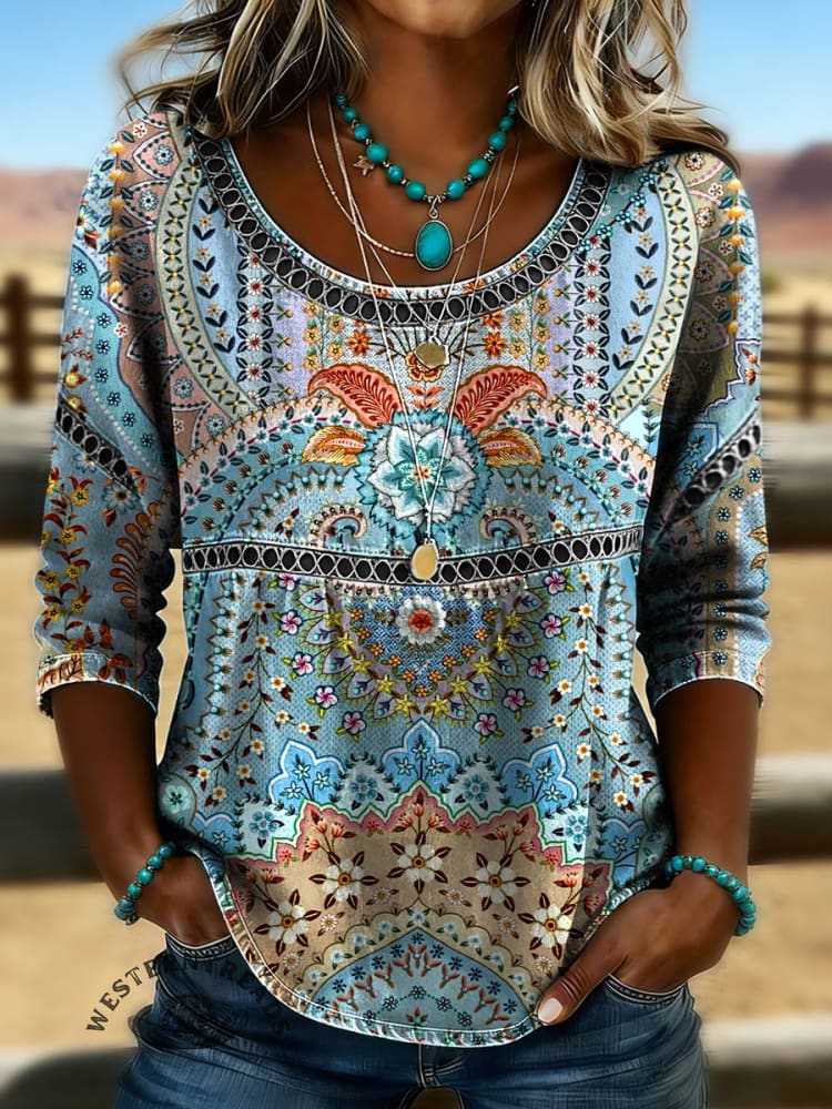 Women's Vintage Print Casual Hollow Denim Shirt