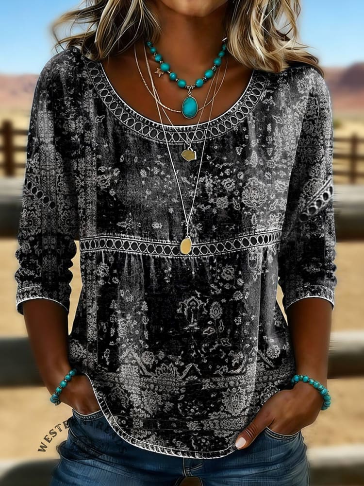 Women's Vintage Print Casual Hollow Denim Shirt