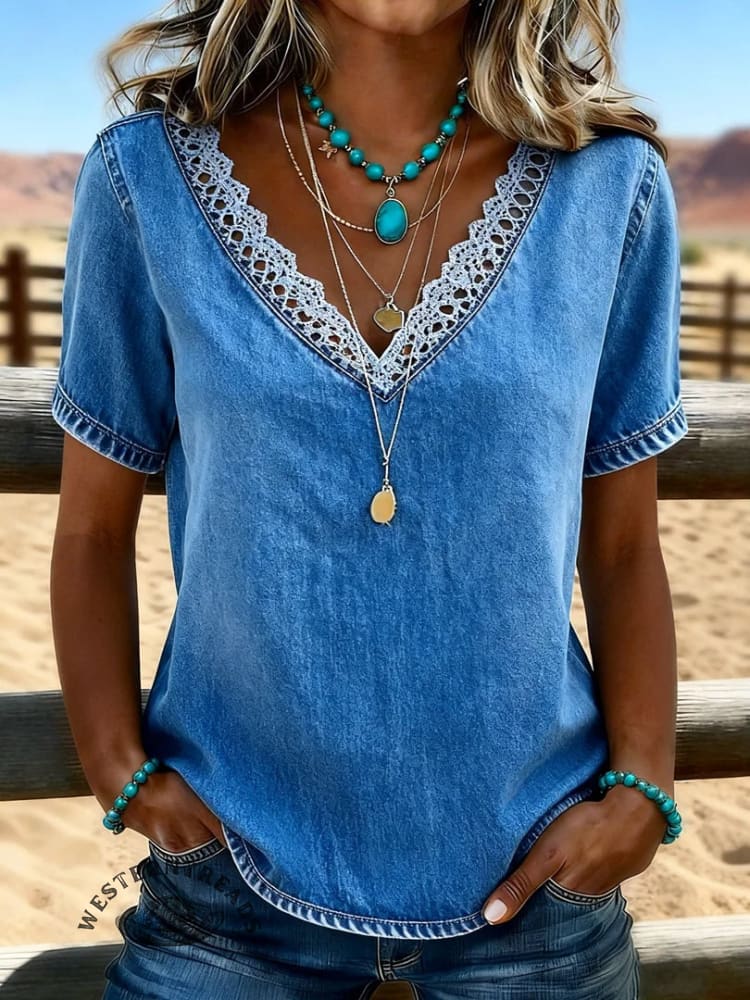 Women's Vintage Print Casual Hollow-Out Denim Shirt