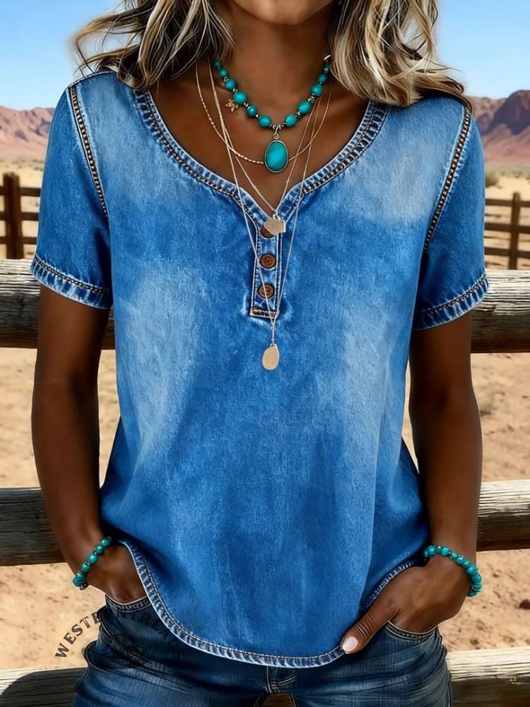 Women's Vintage Print Casual Hollow-Out Denim Shirt
