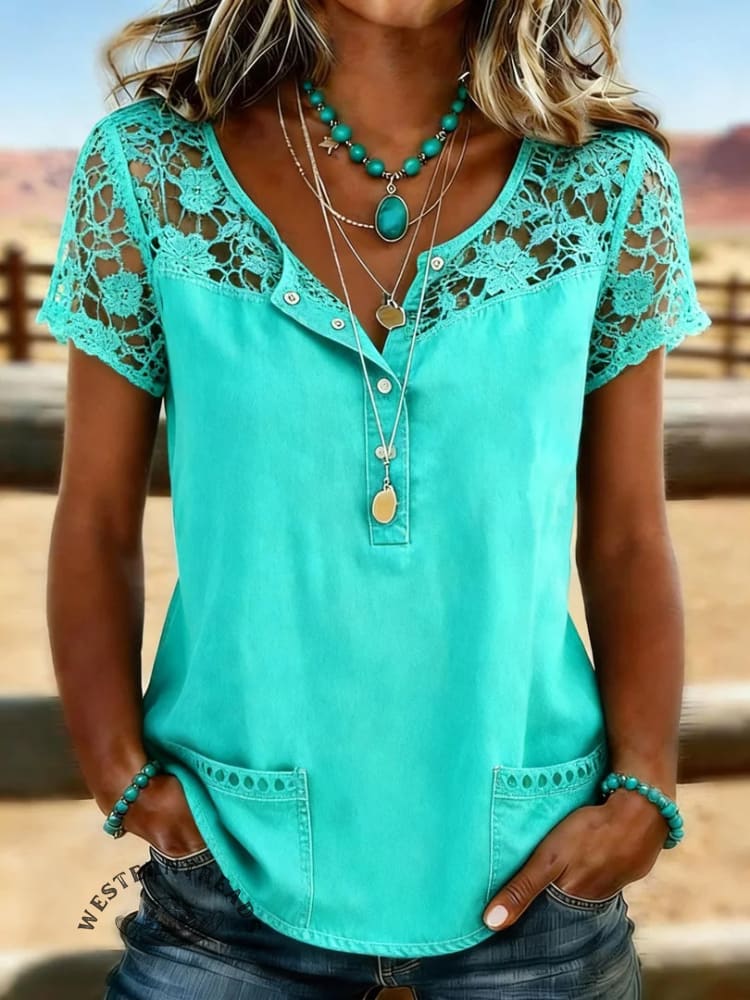 Women's Vintage Print Casual Hollow-Out Denim Shirt - Image 3