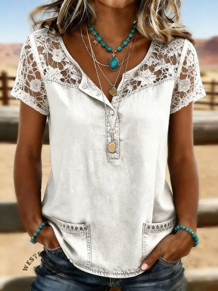 Women's Vintage Print Casual Hollow-Out Denim Shirt - Image 4