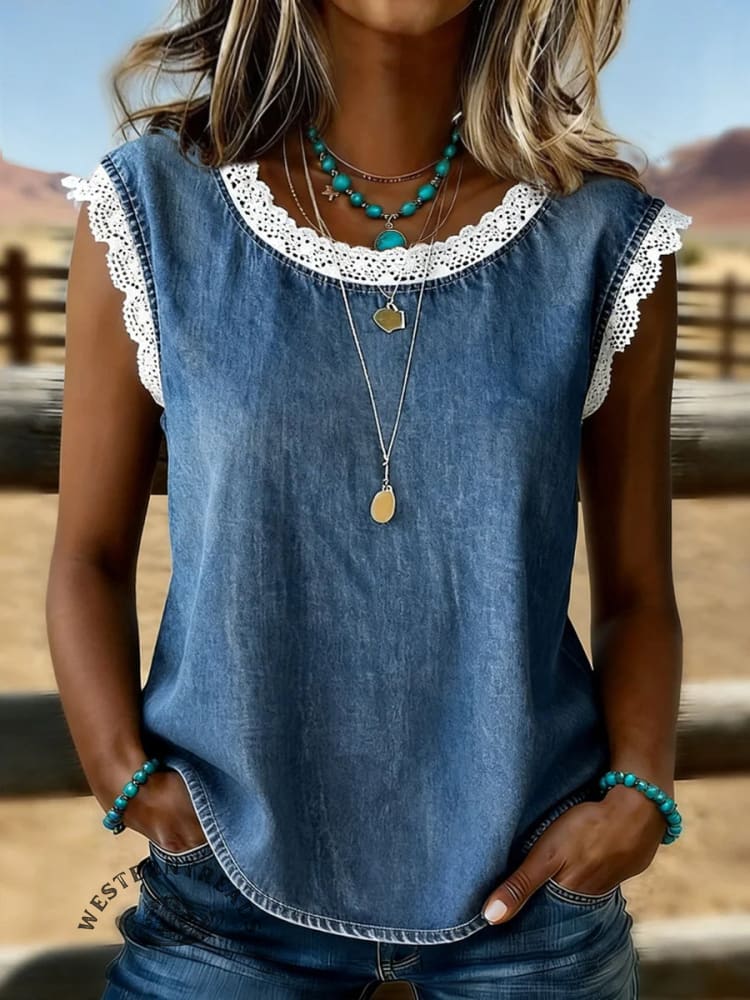 Women's Vintage Print Casual Hollow-Out Denim Shirt