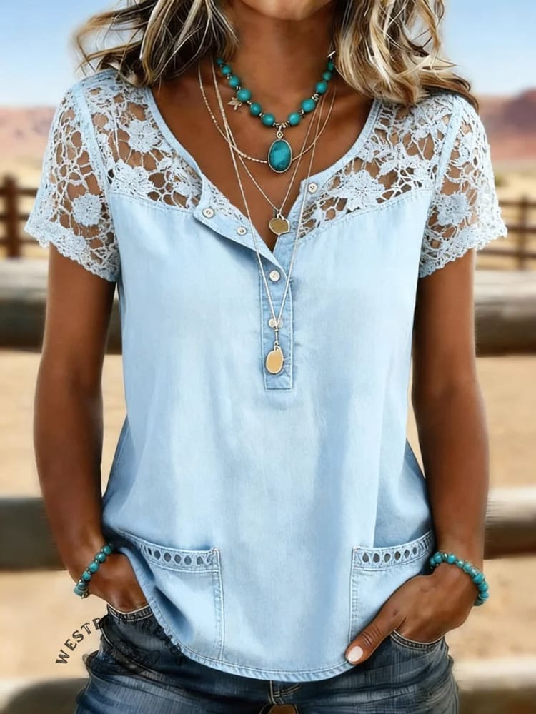 Women's Vintage Print Casual Hollow-Out Denim Shirt - Image 5