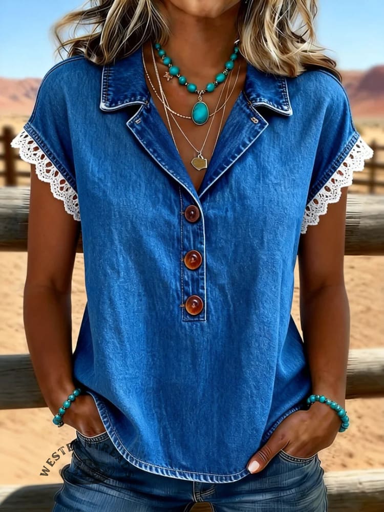 Women's Vintage Print Casual Hollow-Out Denim Shirt