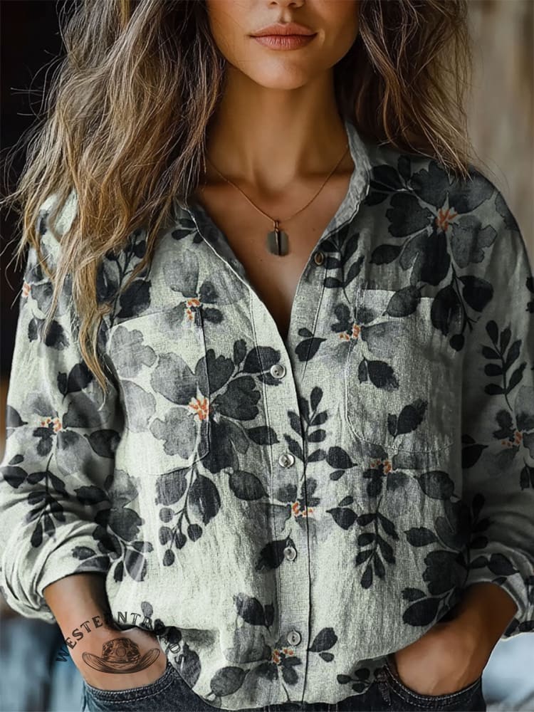 Women's Vintage Print Casual Long Sleeve Comfortable Cotton Shirt