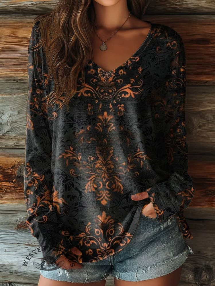 Women's Vintage Print Casual V-neck Long Sleeve T-shirt
