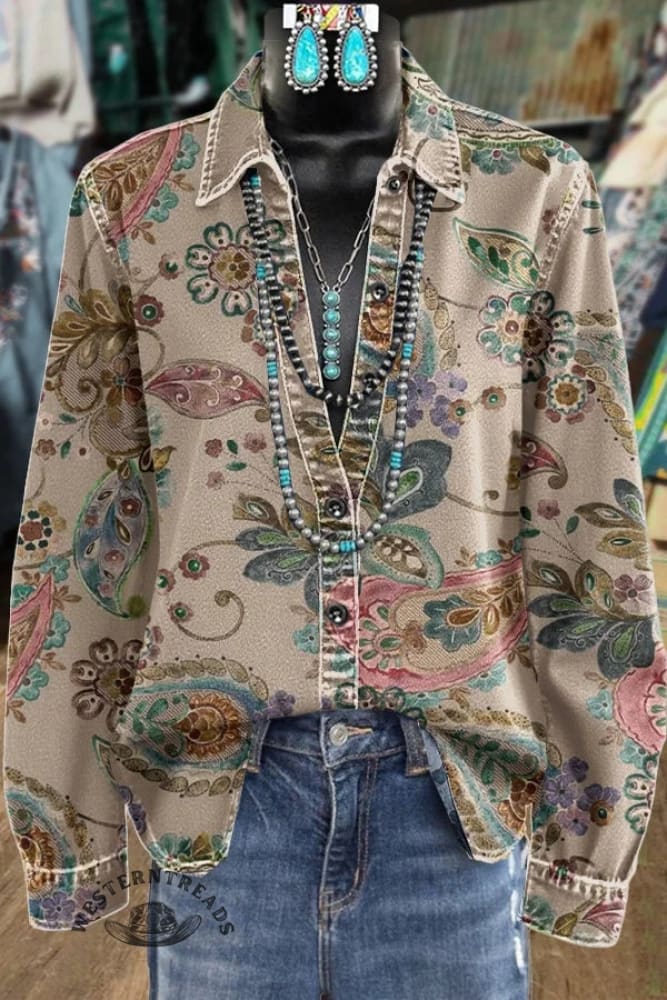 Women's Vintage Print Long Sleeved Shirt