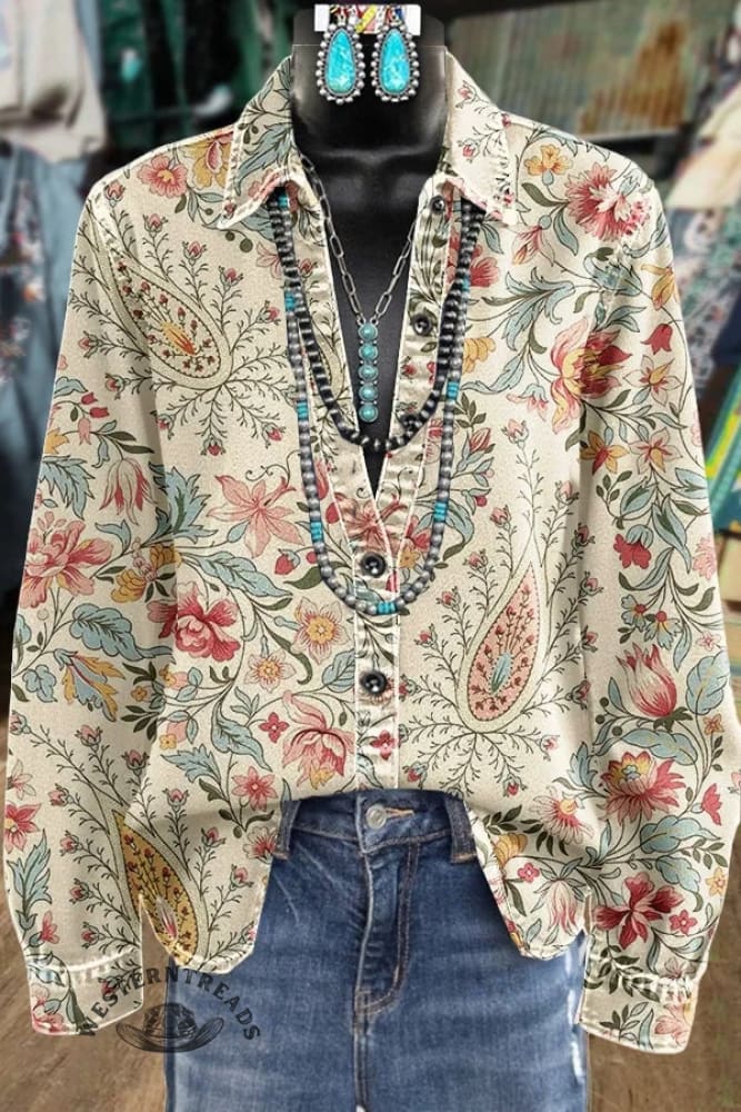Women's Vintage Print Long Sleeved Shirt