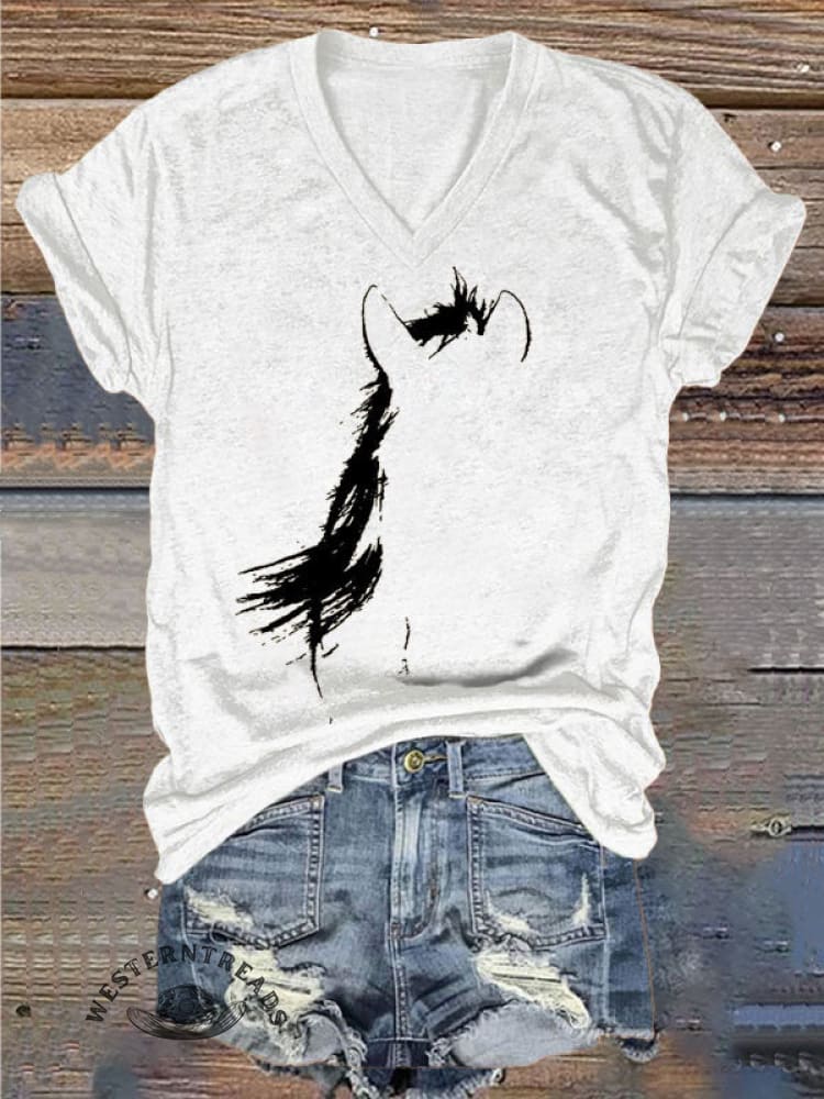 Women's Vintage Print V-neck Casual T-Shirt - Image 3