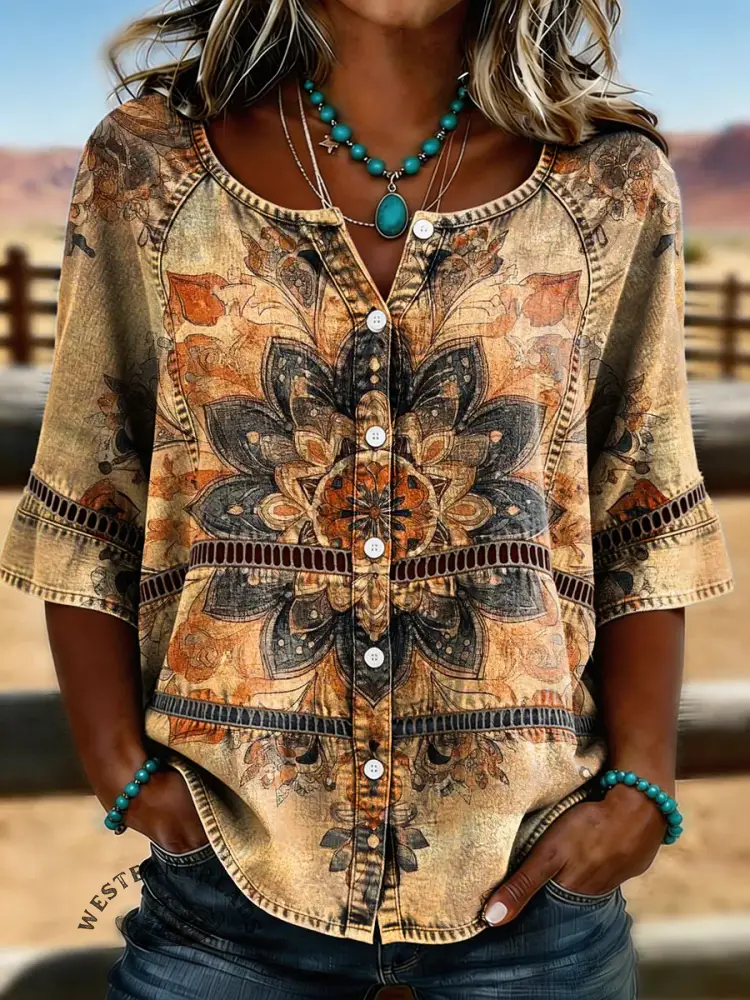 Women's Vintage Retro Flower Casual Hollow-out Denim Shirt