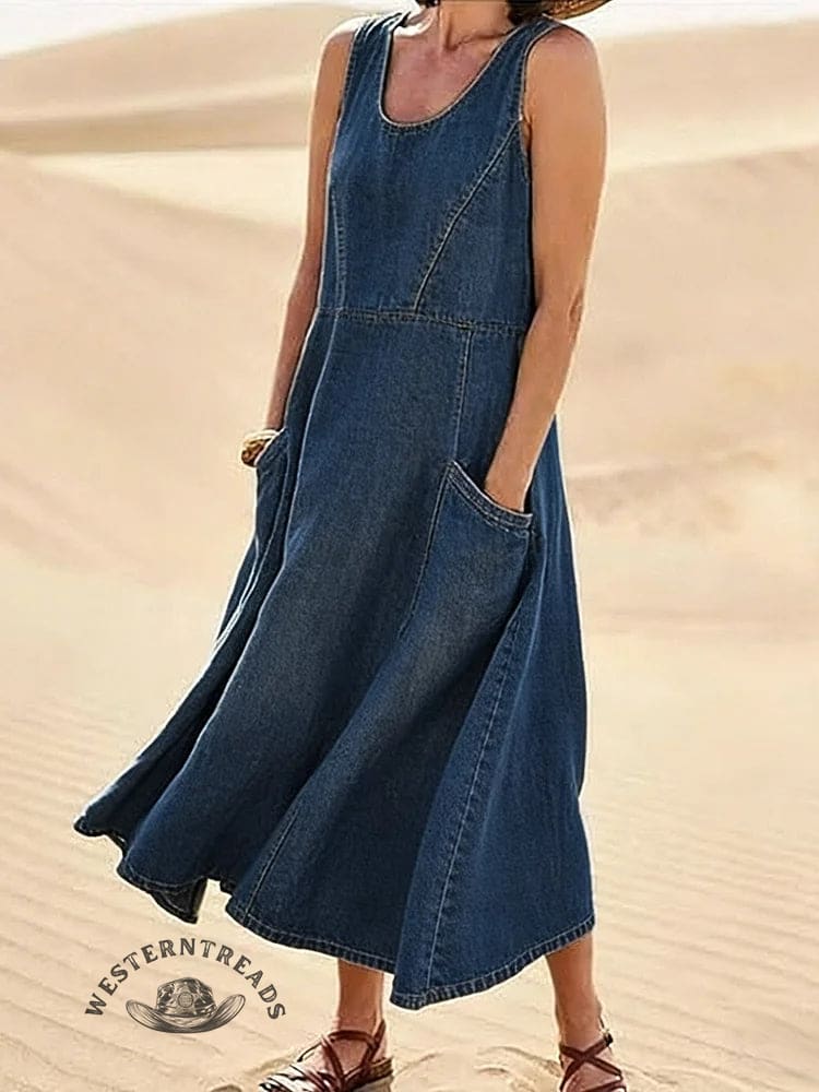 Women's Vintage Sleeveless Denim Maxi Dress
