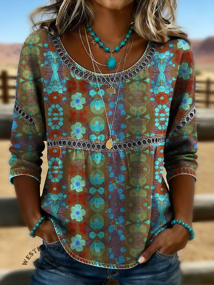 Women's Vintage Turquoise Flowers Art Print Casual 3/4 Sleeves Hollow Denim Shirt