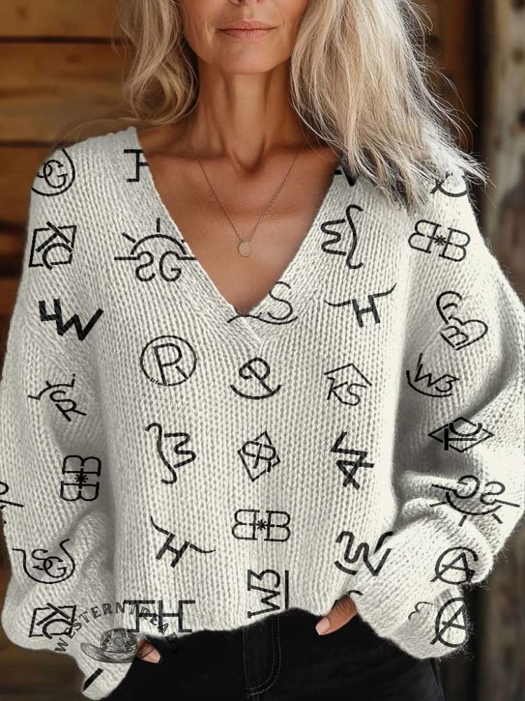 Women's Western Cattle Brands Print Casual V-neck Pullover Knit - Image 5