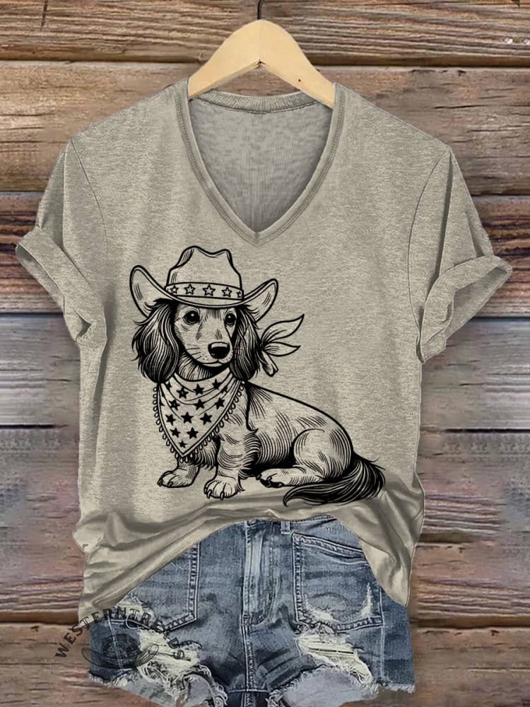 Women's Western Cowboy Dog Print V-neck Casual T-Shirt - Image 2