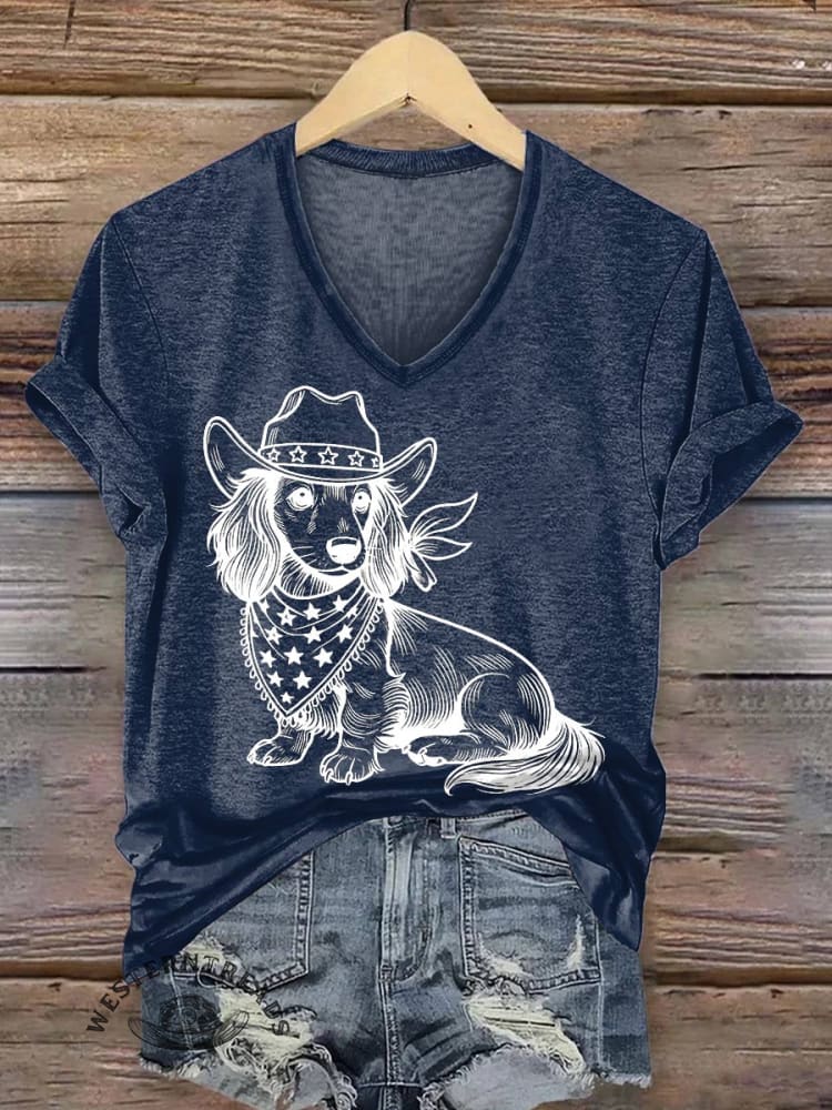 Women's Western Cowboy Dog Print V-neck Casual T-Shirt - Image 4