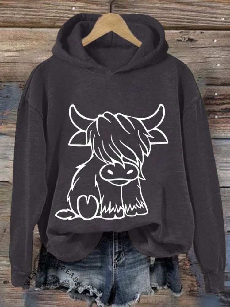 Women'S Western Highland Cow Print Casual Hoodie - Image 5