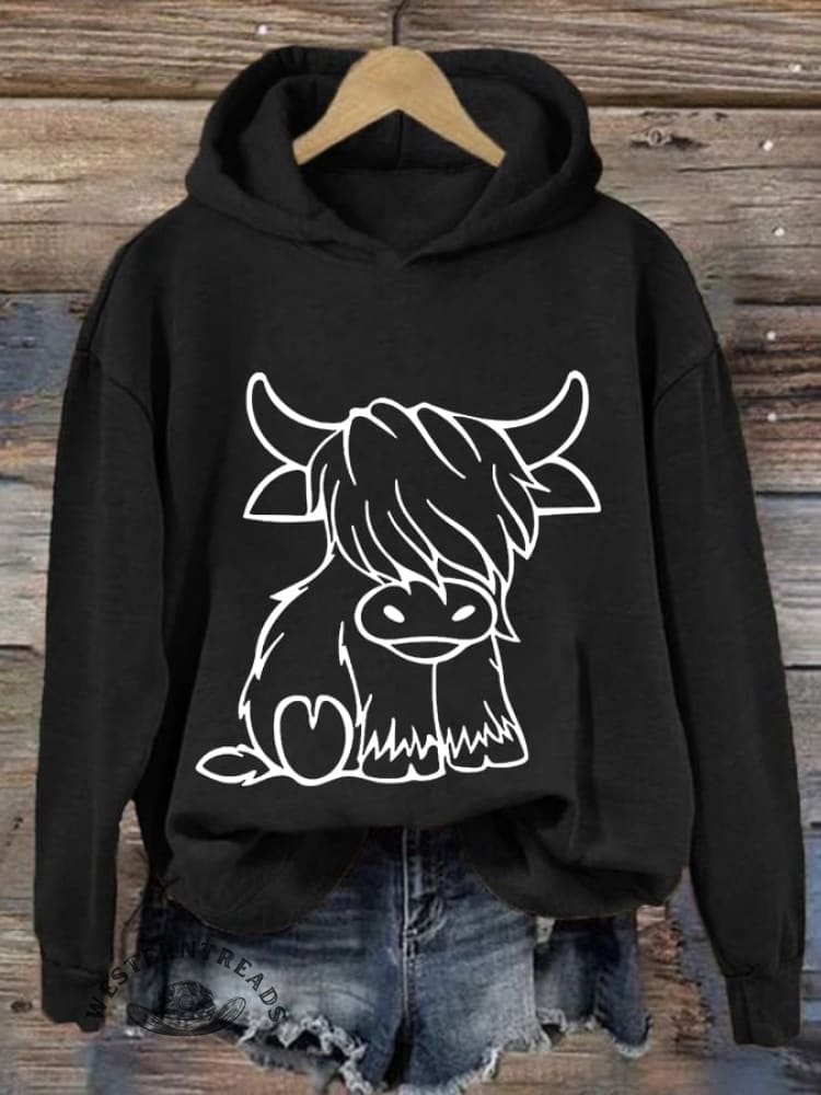 Women'S Western Highland Cow Print Casual Hoodie - Image 6