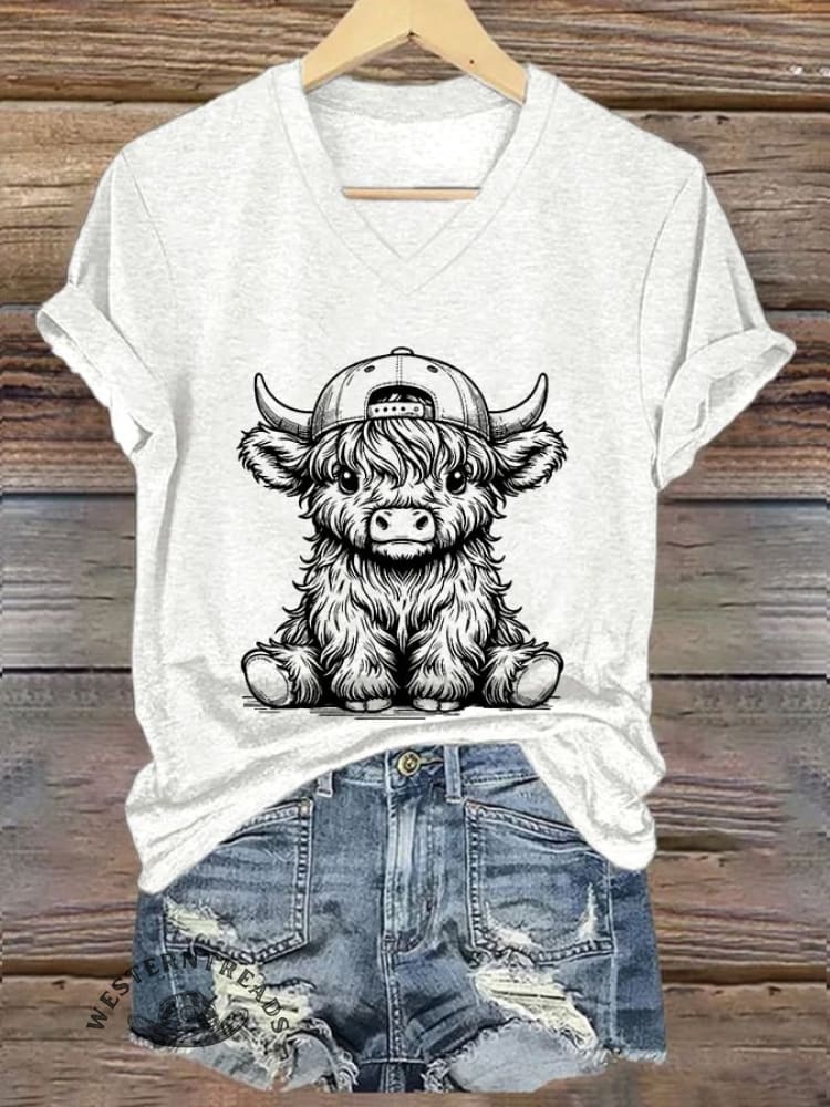 Women's Western Highland Cow printed casual T-shirt - Image 4