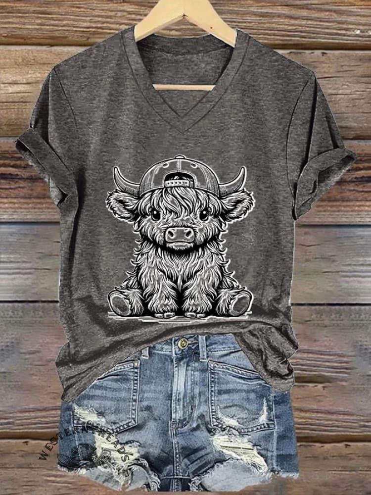 Women's Western Highland Cow printed casual T-shirt - Image 7