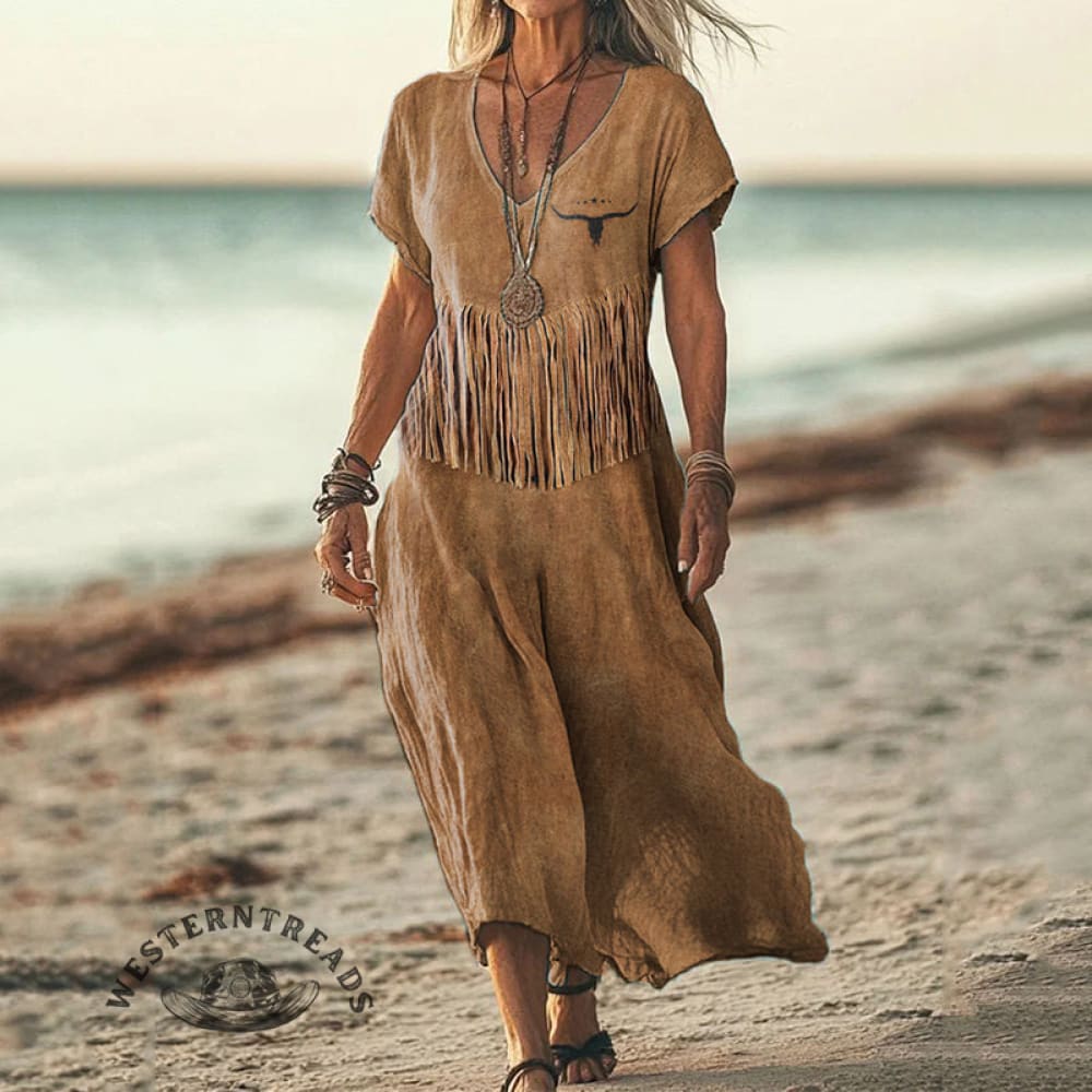 Women's Western Inspired Fringe Linen Blend Vintage Dress - Image 2